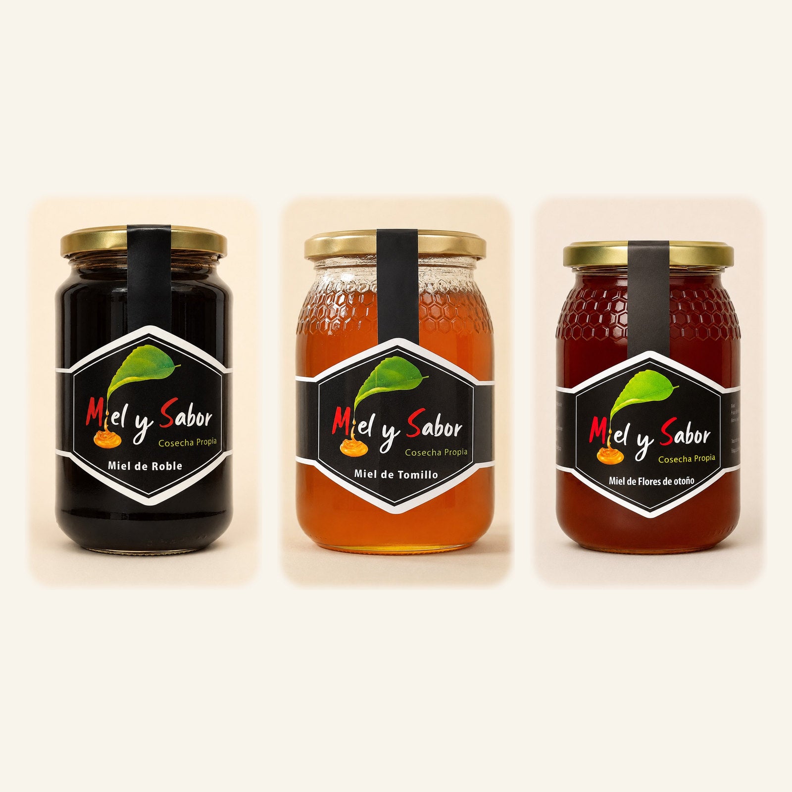 Pack de mieles intensas con tres tarros de 500 g: Roble, Tomillo y Flores de otoño
