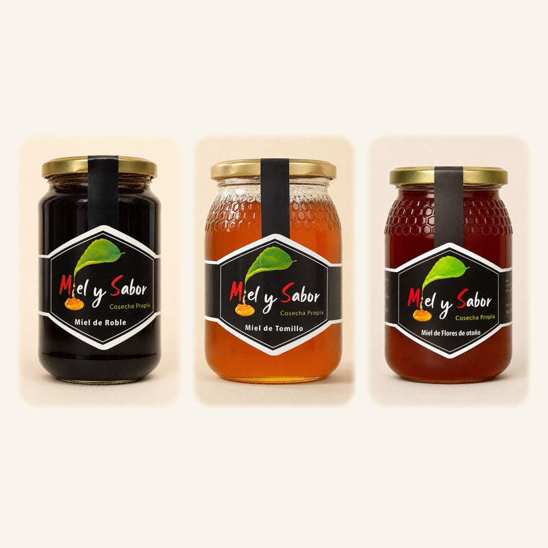 Pack de mieles intensas con tres tarros de 500 g: Roble, Tomillo y Flores de otoño