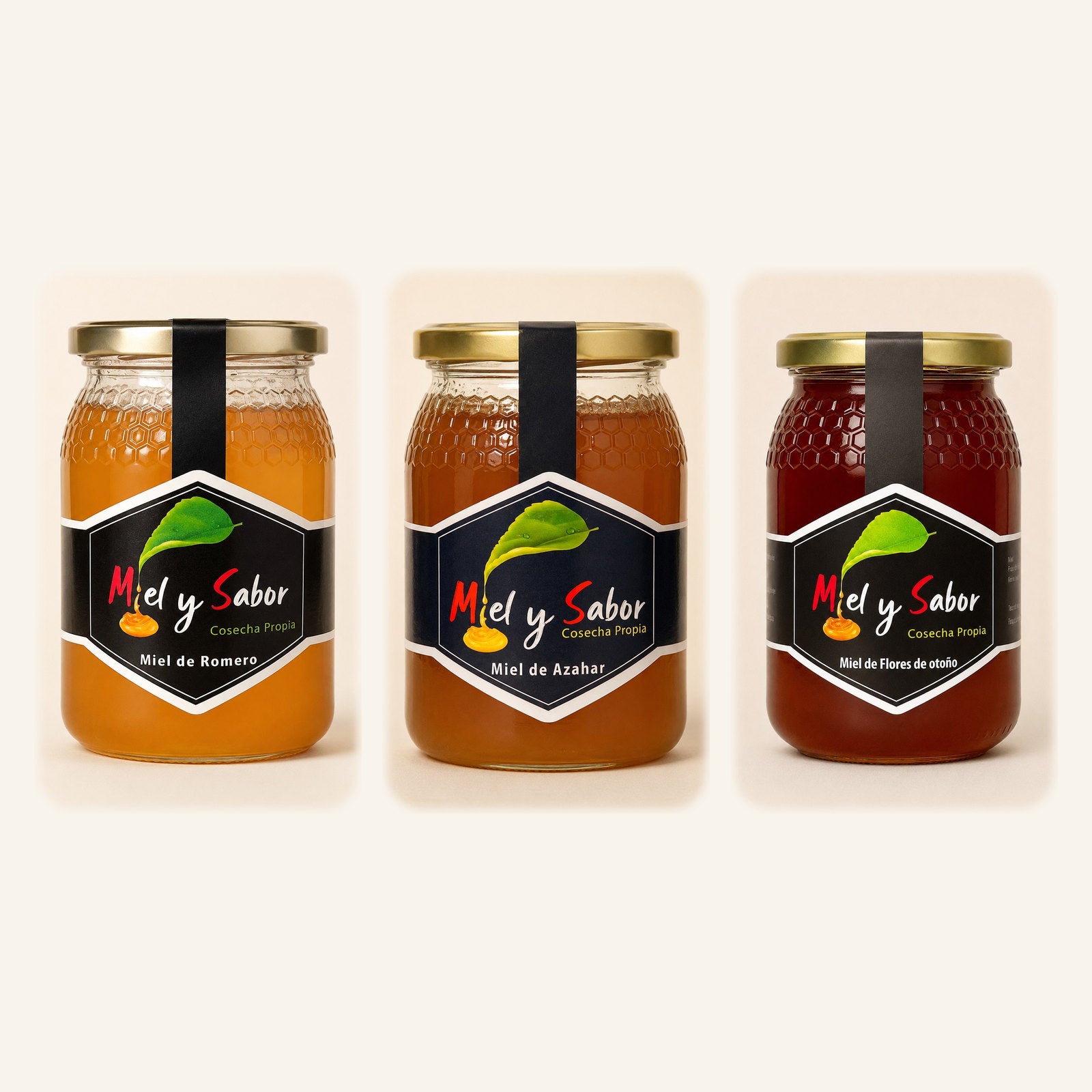 Pack de mieles suaves con tres tarros de 500 g: Romero, Azahar y Flores de otoño