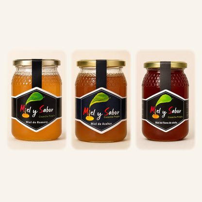 Pack de mieles suaves con tres tarros de 500 g: Romero, Azahar y Flores de otoño