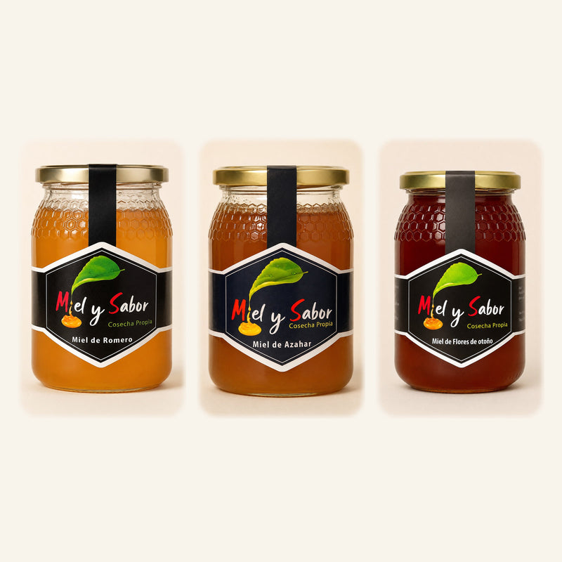Pack de mieles suaves con tres tarros de 500 g: Romero, Azahar y Flores de otoño